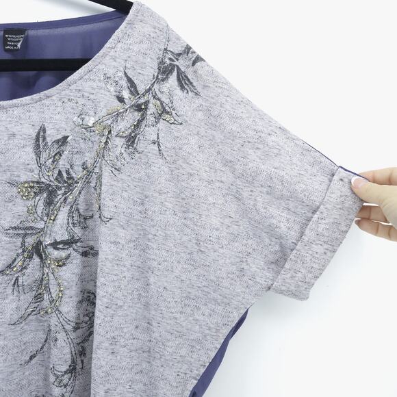 Miss Me Medium Boho Beaded Floral Periwinkle Romantic Top Chiffon Gathered Back - Picture 4 of 11